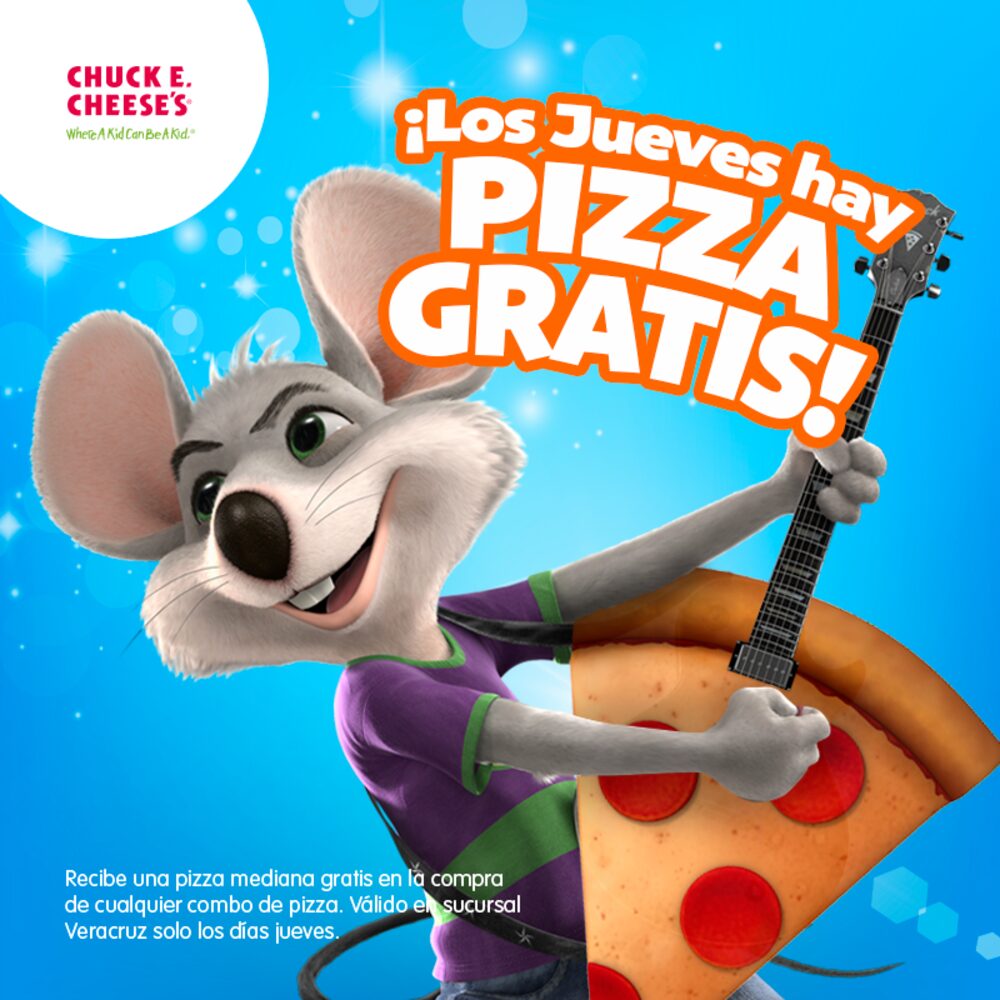 Post: Chuck E. toca la guitarra junto a una rebanada de pizza gigante bajo «¡Los jueves hay pizza gratis!»