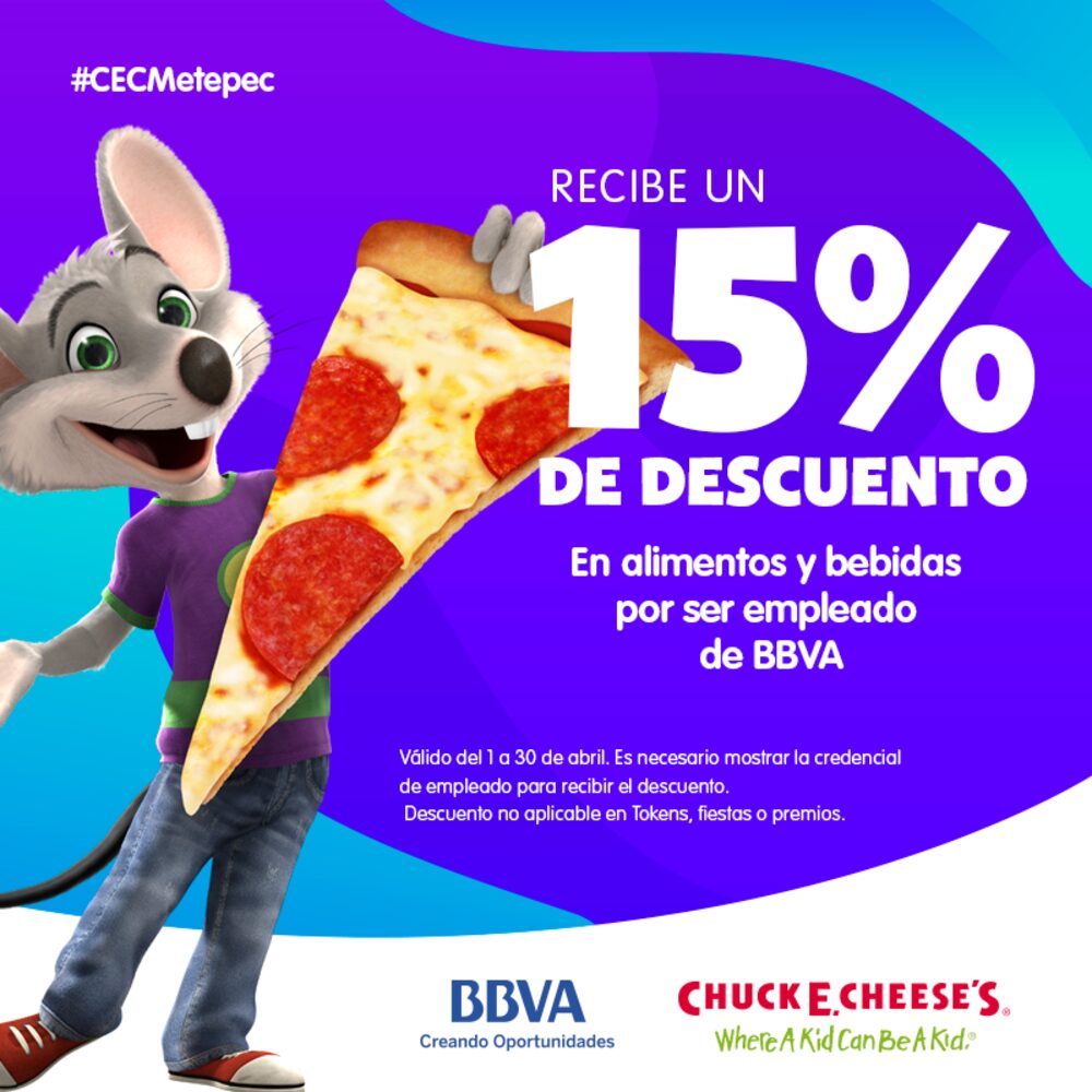 Post: 15% de descuento en alimentos y bebidas para empleados de BBVA, con el hashtag CECMetepec