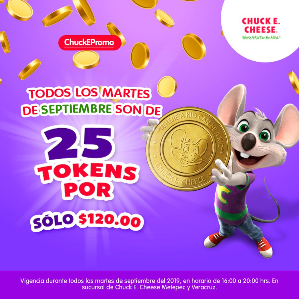 Post: todos los martes de septiembre, 25 tokens por $120 — Chuck E. sostiene una moneda dorada gigante