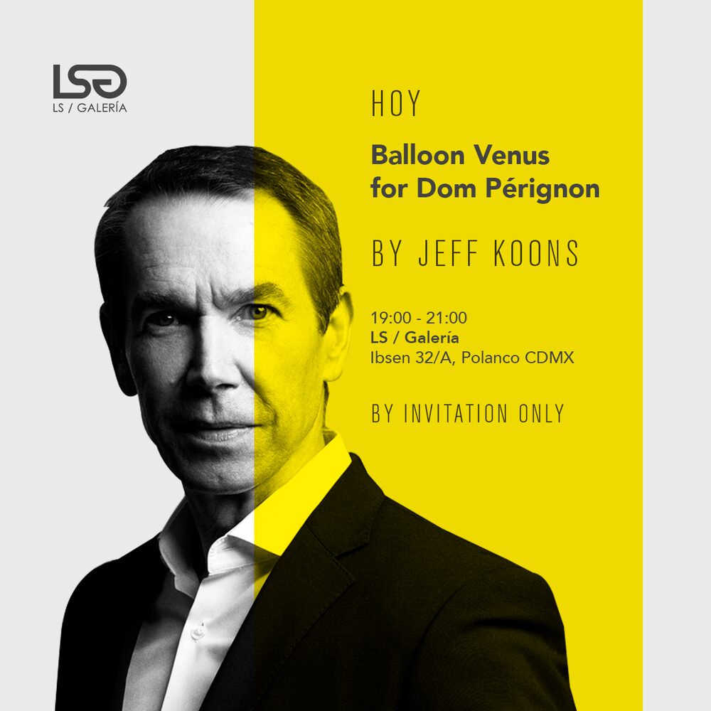 Invitación del día del evento: retrato de Jeff Koons partido por una franja amarilla, 19:00 a 21:00 en Polanco