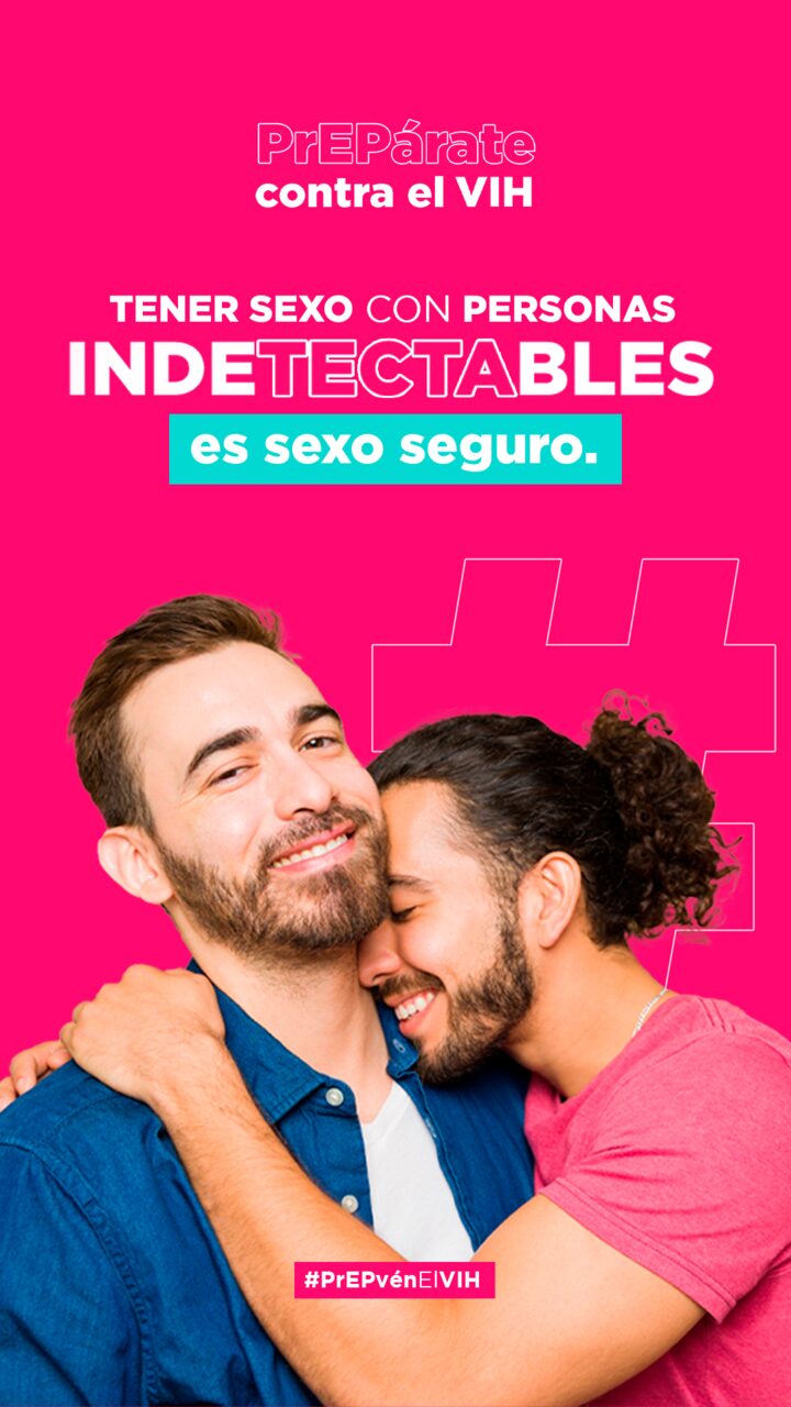 Post de la campaña: una pareja se abraza sobre fondo fucsia bajo el mensaje «Tener sexo con personas indetectables es sexo seguro»