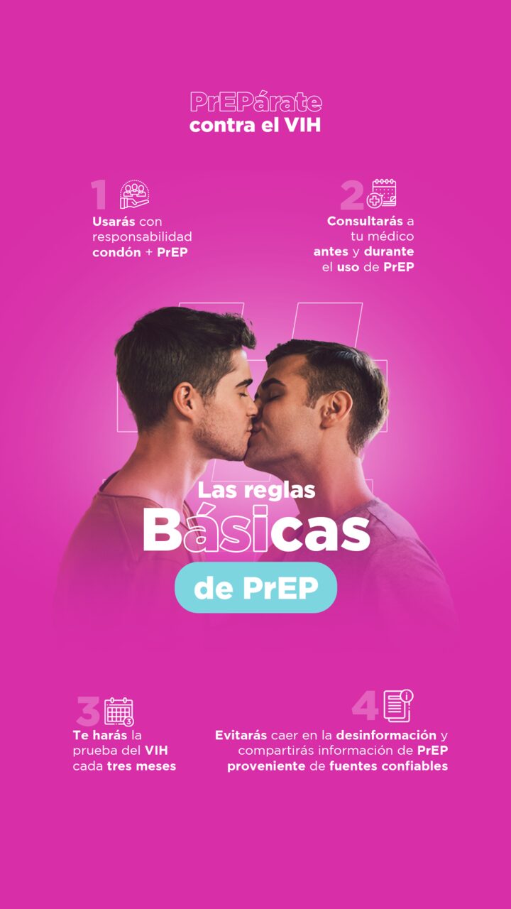 Post de la campaña: una pareja se besa junto a «Las reglas básicas de PrEP», con los cuatro consejos de uso responsable