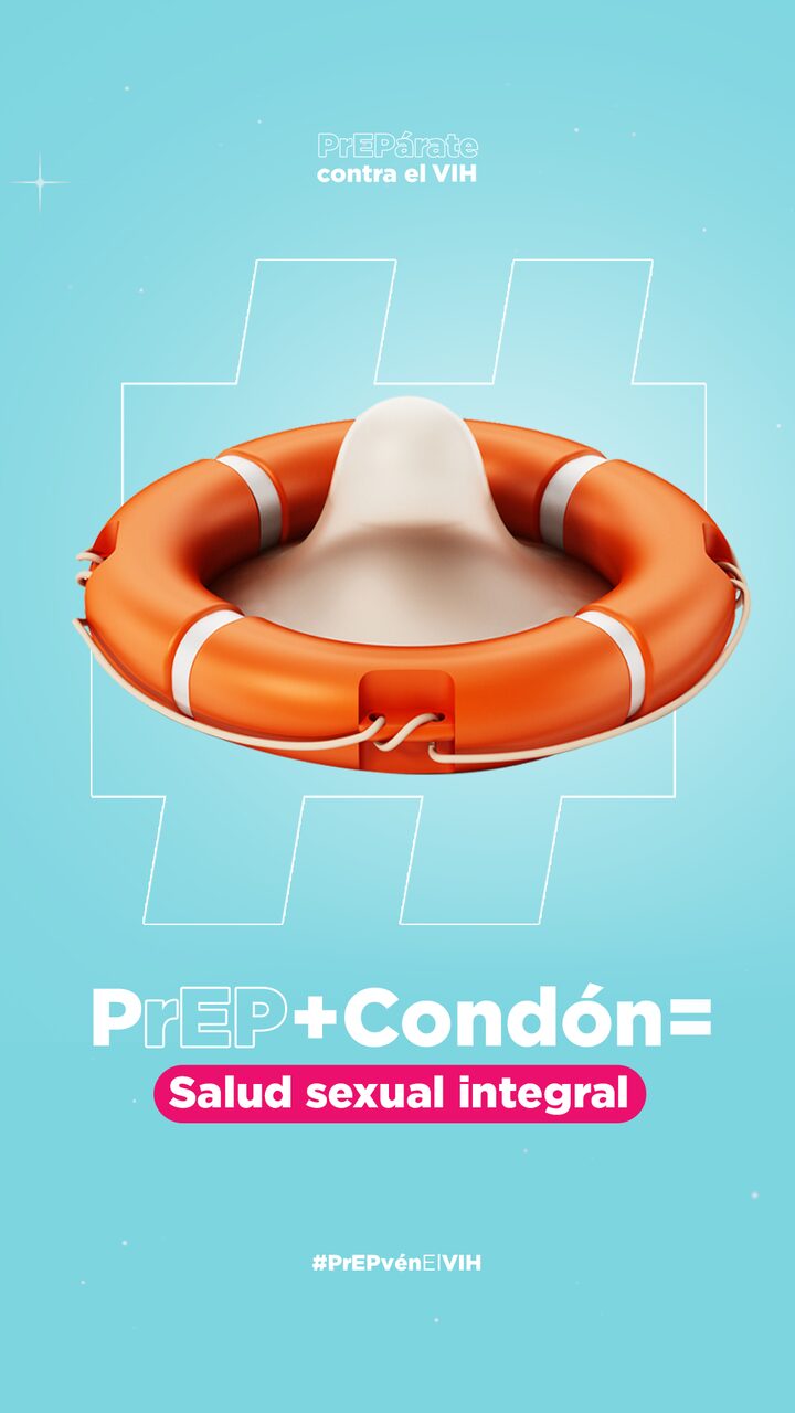 Post de la campaña: un condón convertido en salvavidas 3D bajo el mensaje «PrEP + Condón = Salud sexual integral»