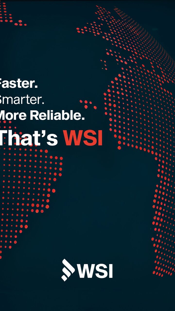 Post de WSI: «Faster. Smarter. More Reliable. That's WSI» sobre un mapa punteado del mundo