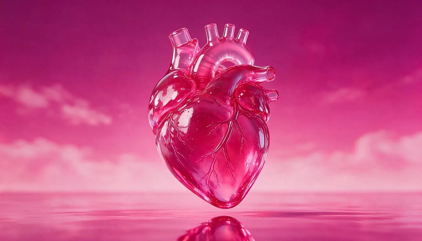Corazón anatómico de cristal rosa sobre una superficie reflejante