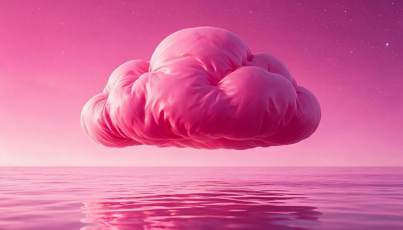 Nube rosa flotando sobre agua en calma, render 3D