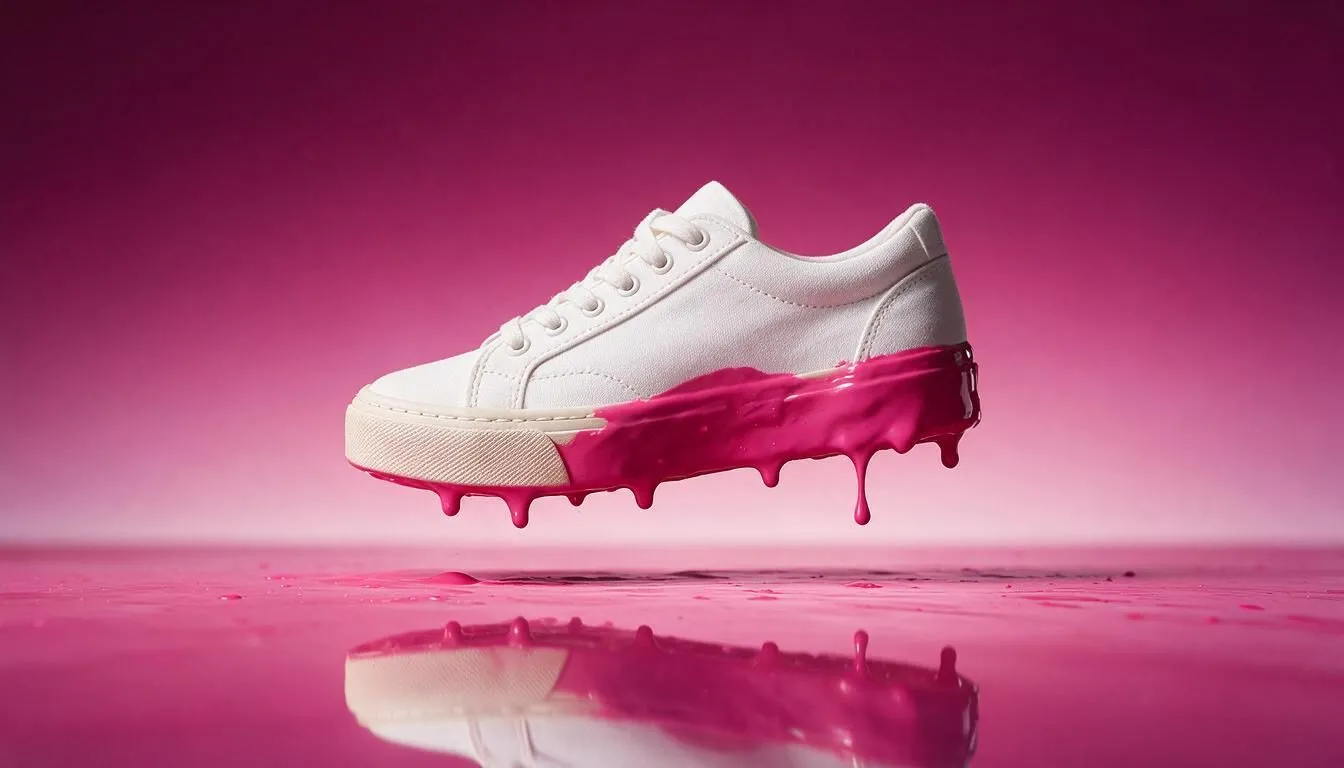 Tenis blanco derritiéndose en pintura rosa sobre suelo reflejante