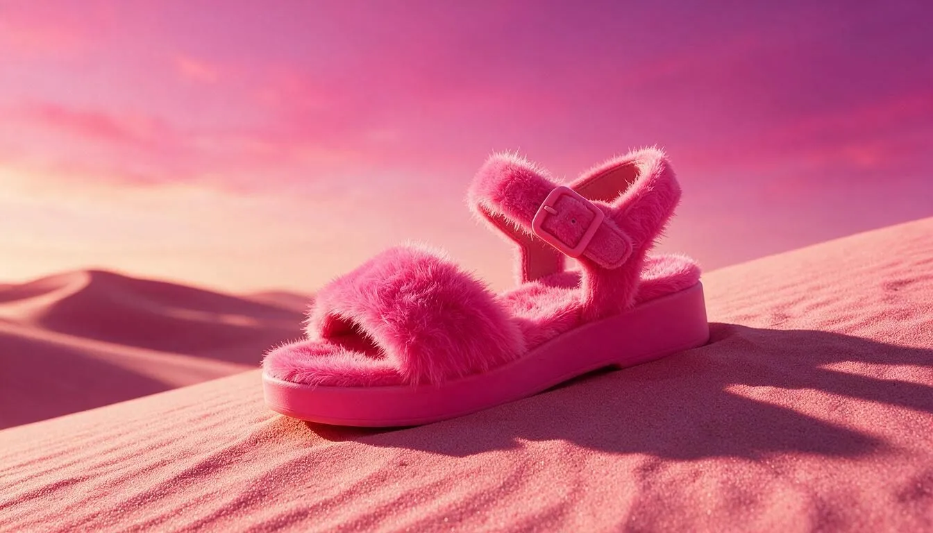 Sandalias con forro afelpado sobre dunas de arena rosa