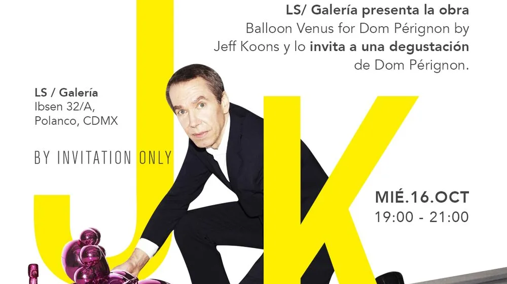Invitación de LS Galería con el retrato de Jeff Koons partido por una franja amarilla