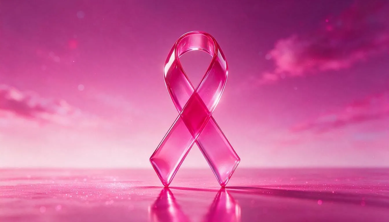 Listón de concientización en cristal rosa sobre un paisaje de nubes