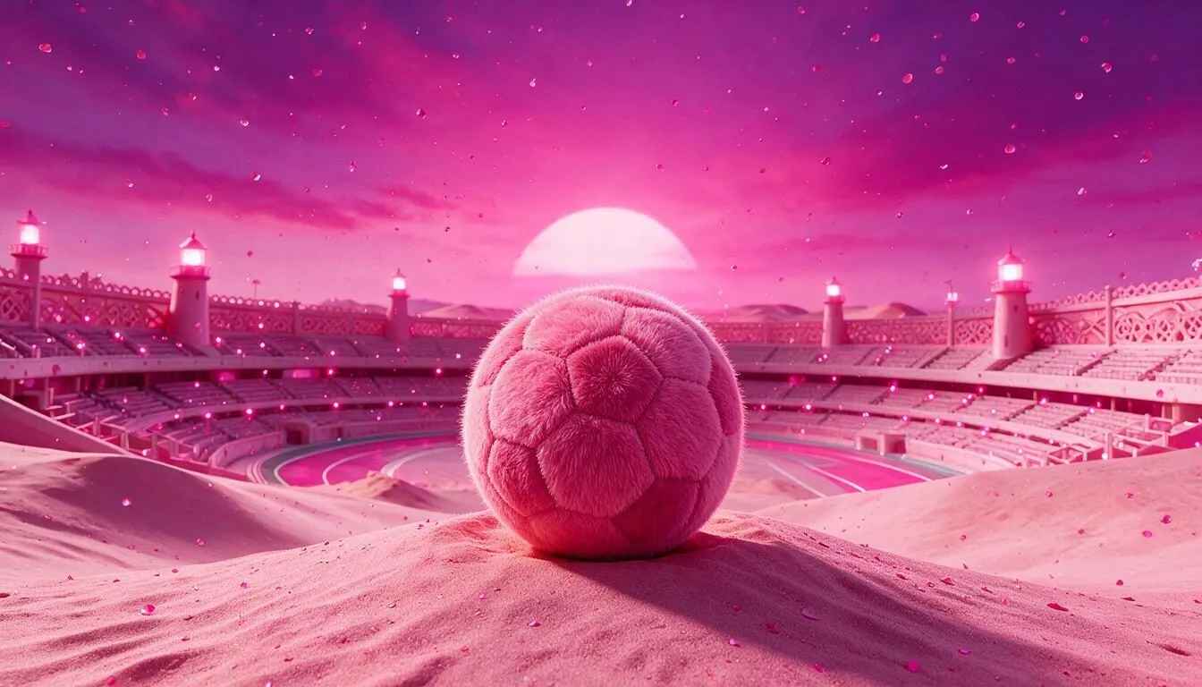 Balón de futbol gigante sobre un desierto rosa, con un estadio al fondo