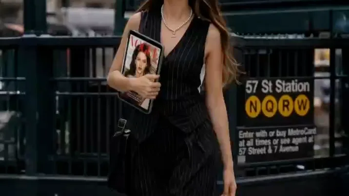 Modelo con chaleco de raya diplomática camina por Nueva York con una portada de Vogue en la mano