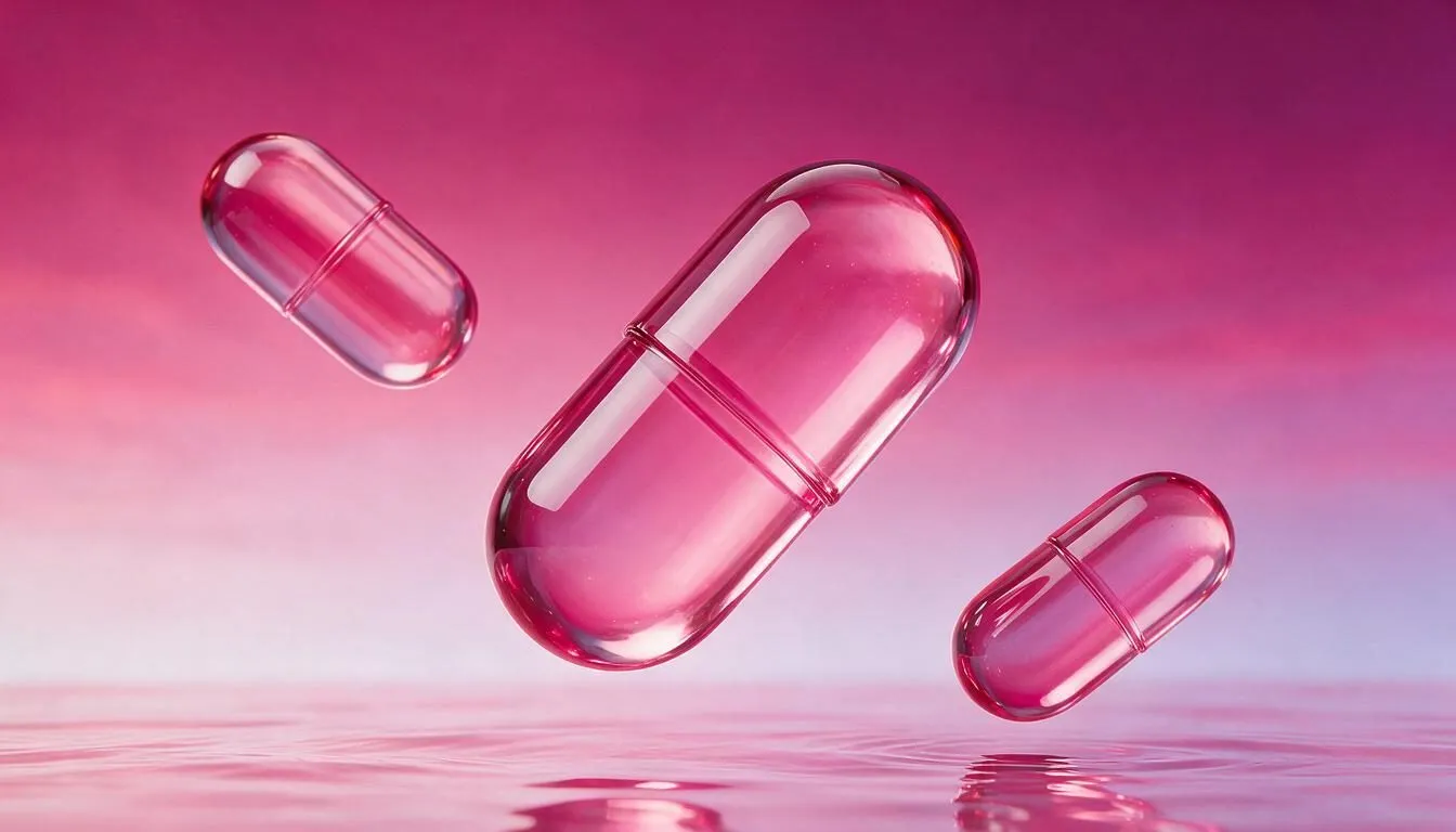 Cápsulas de medicamento translúcidas flotando sobre una superficie rosa