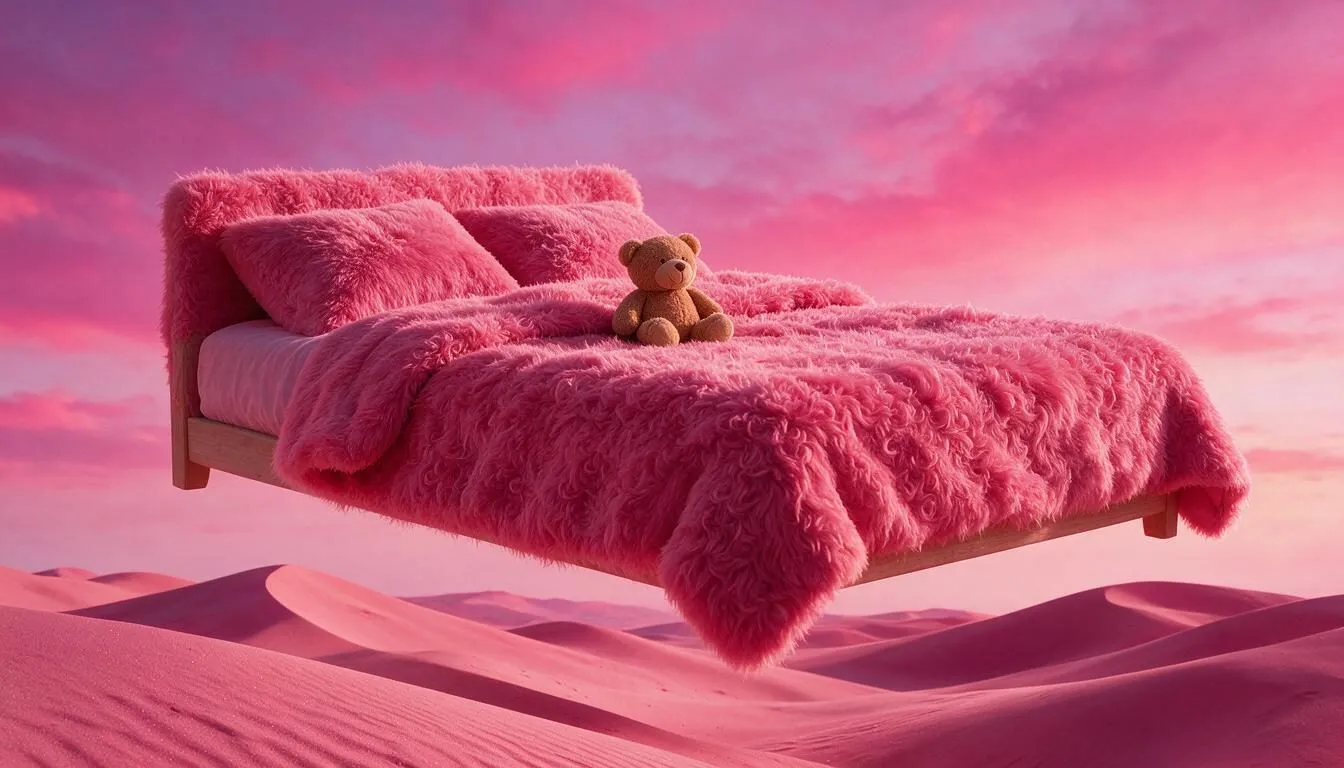 Cama con edredón afelpado rosa y un oso de peluche, en una escena 3D monocromática