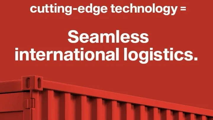 Contenedor de carga rojo bajo el mensaje de logística internacional sin fricciones