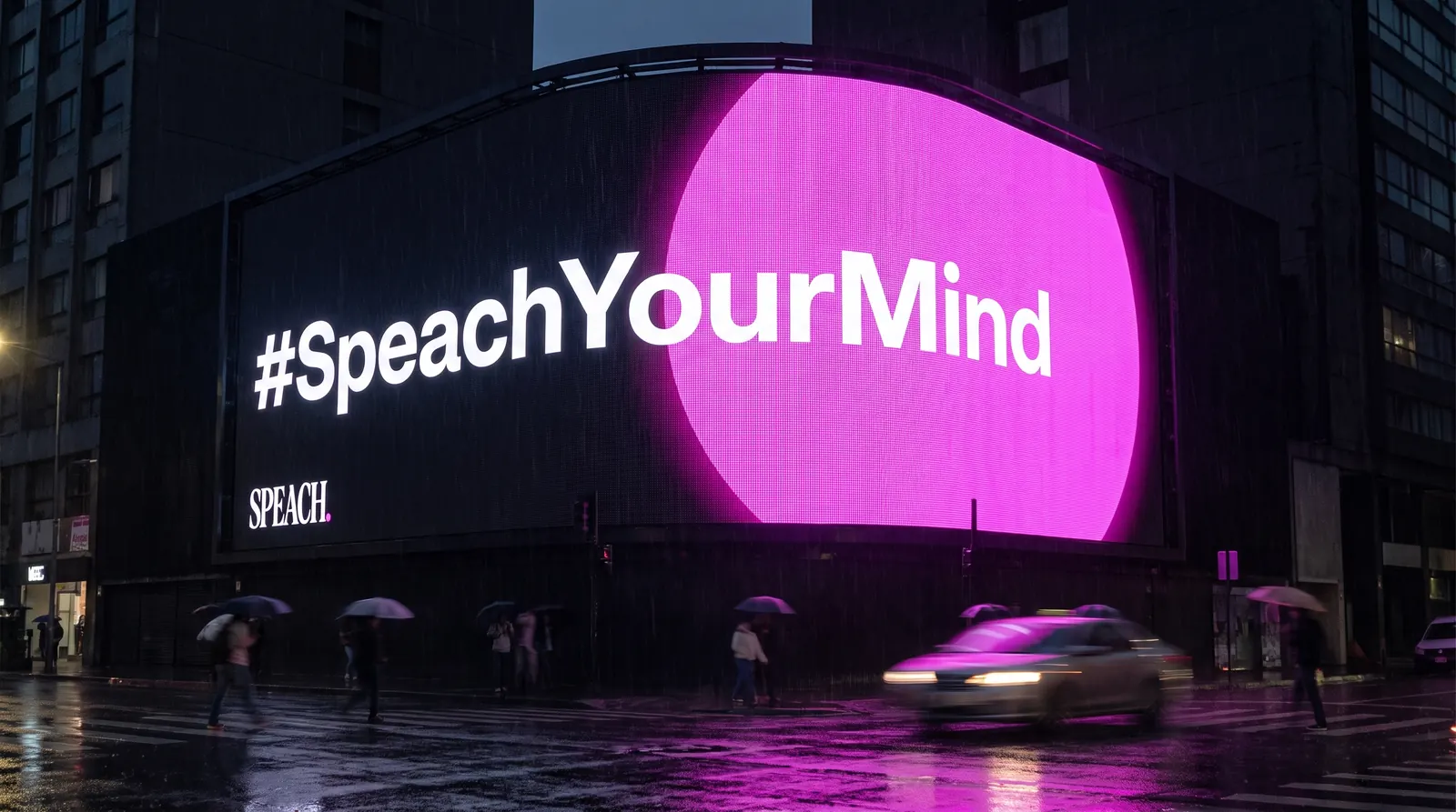 Pantalla LED en la esquina de un edificio con la campaña #SpeachYourMind, de noche y después de la lluvia