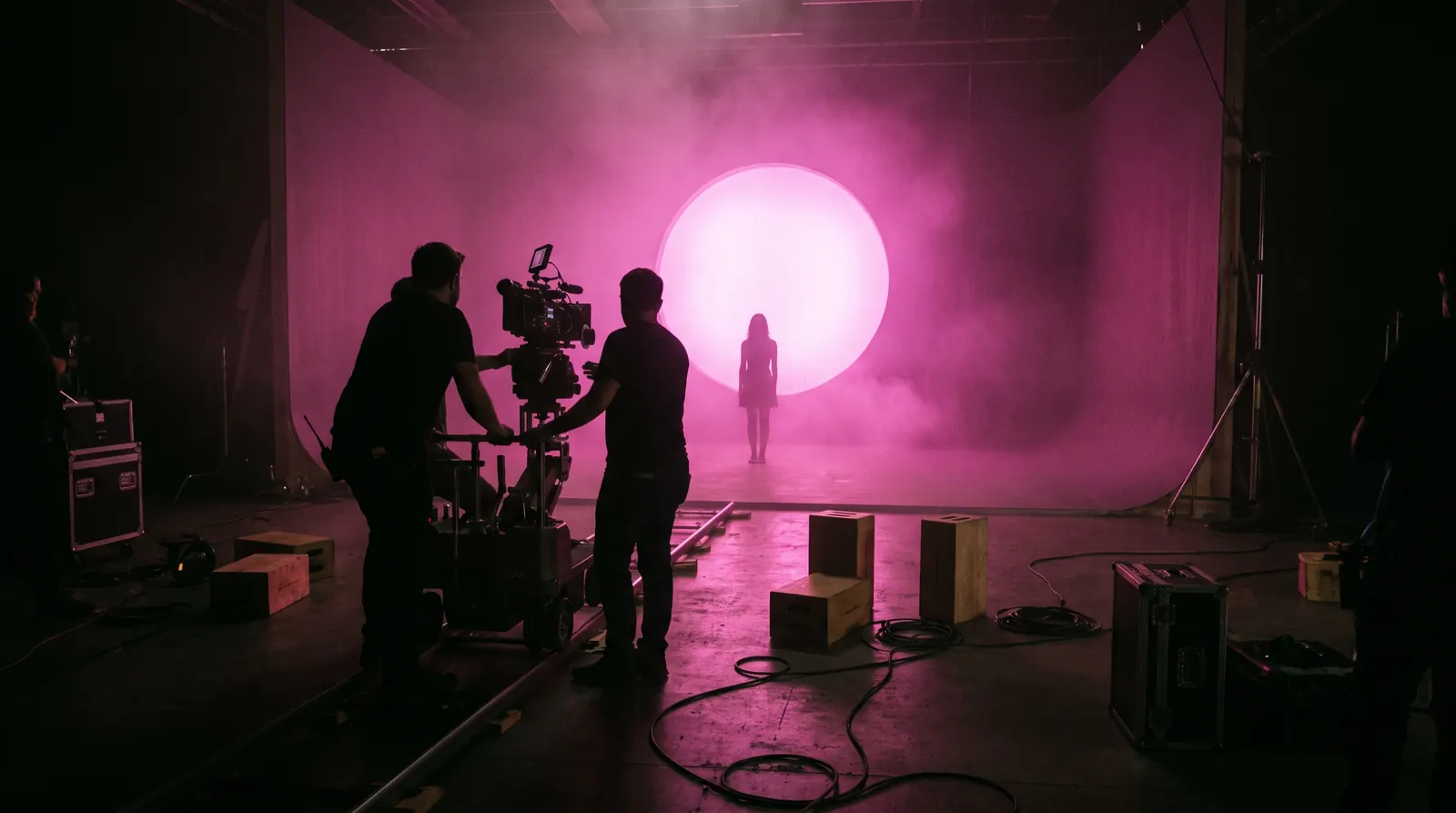 Rodaje en un foro: cámara de cine en dolly con su equipo a contraluz frente a una luz circular rosa
