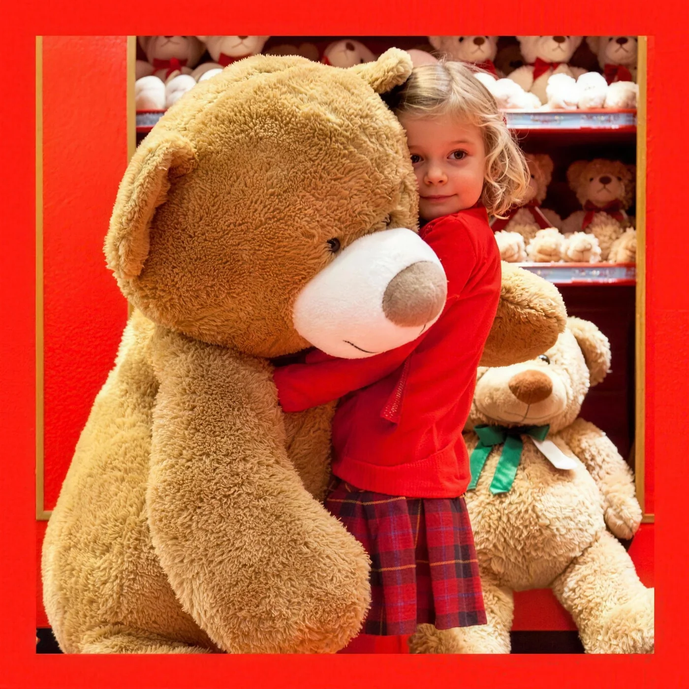 Niña abrazando un oso de peluche gigante en Hamleys