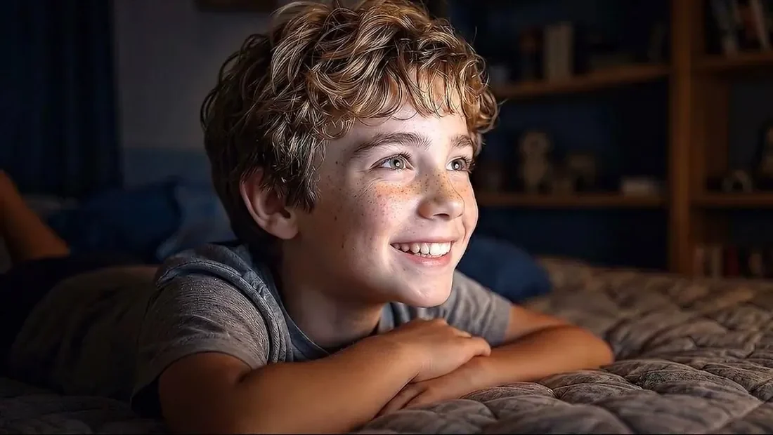 Niño sonriendo acostado sobre una cama en penumbra